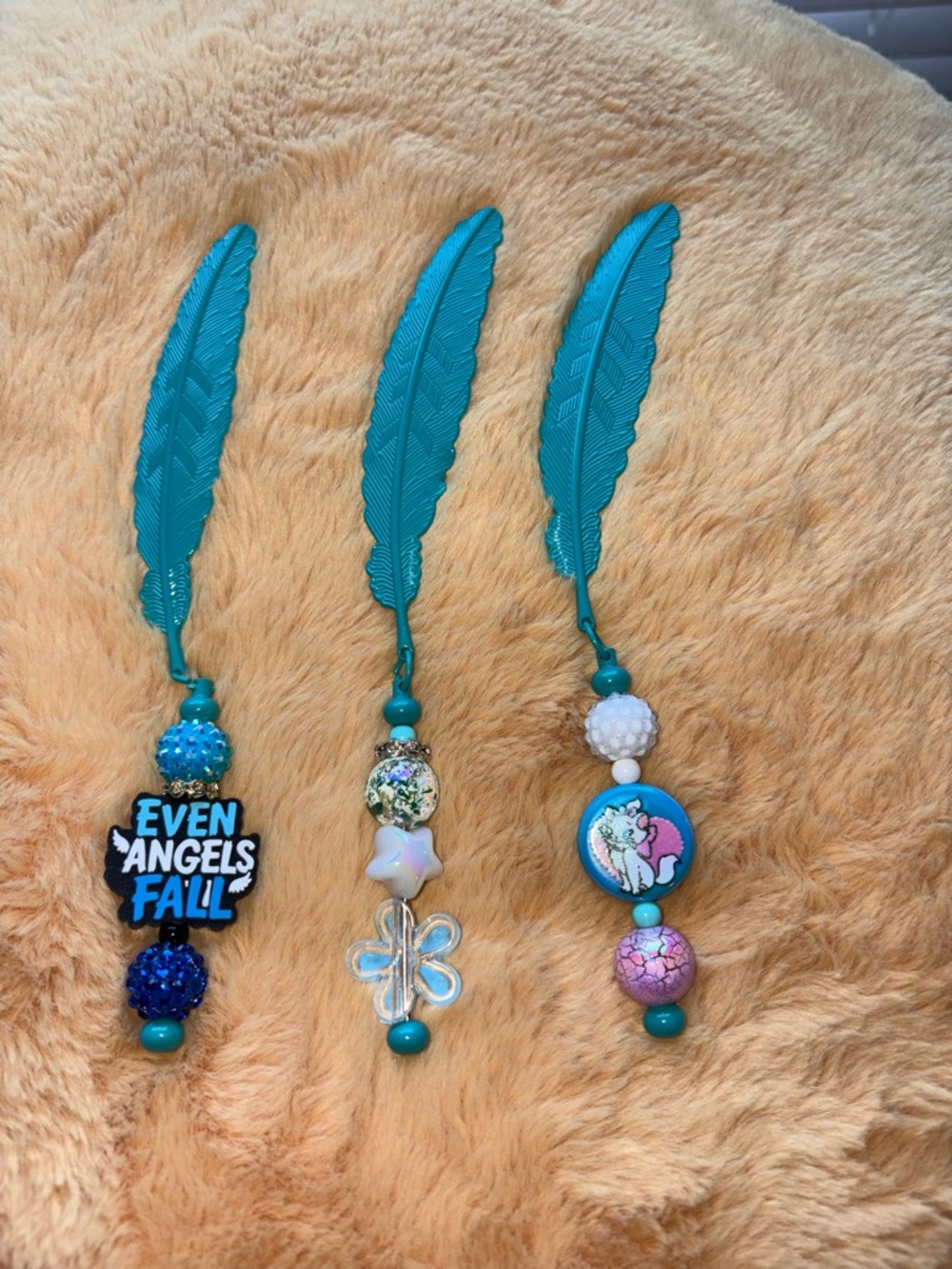 Turquoise Feather Metal Bookmark with Decorative Beads - Teal (NOT A SET)